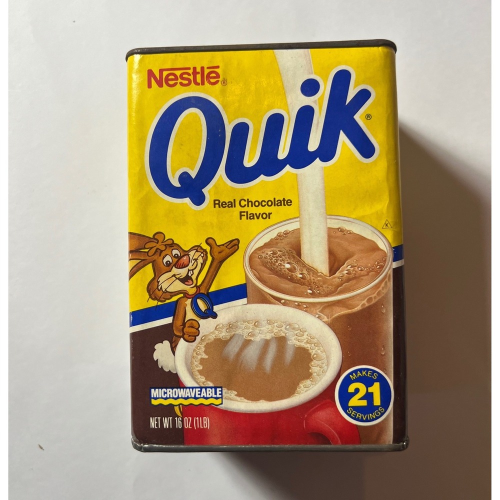 Vintage Nestle Quik Chocolate Flavor Tin 16oz 1lb Bunny Mascot Collectible 1980s